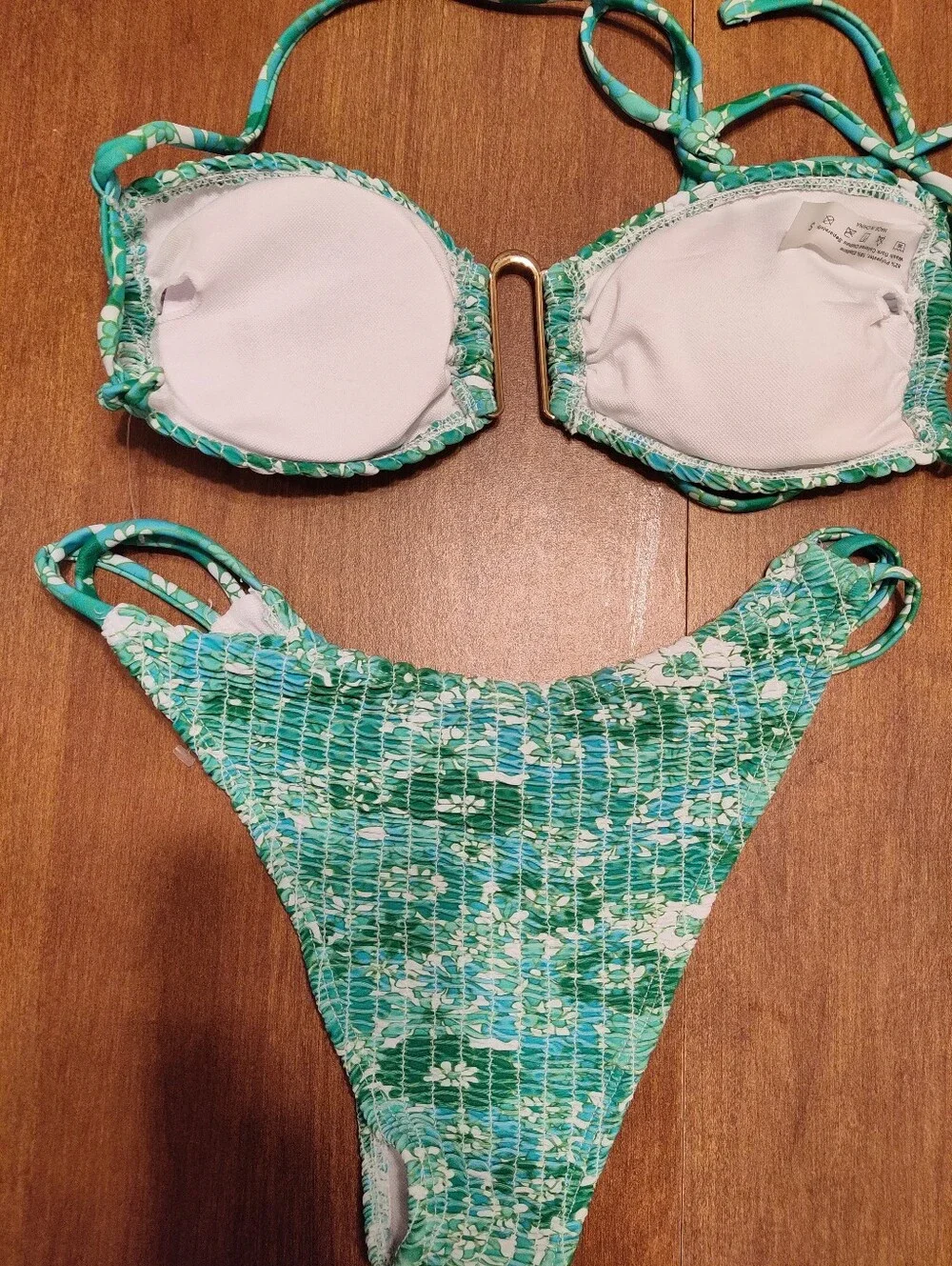 Green Smocked Floral-Print Bikini Set